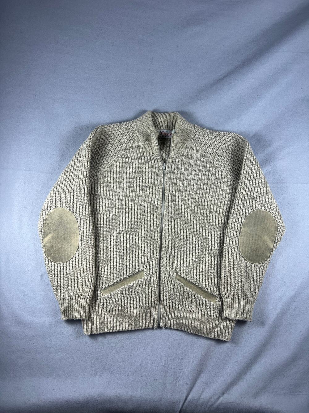Vintage Orvis Cardigan Mens L Beige Wool Chunky Knit Ribbed Elbow Patch USA Made